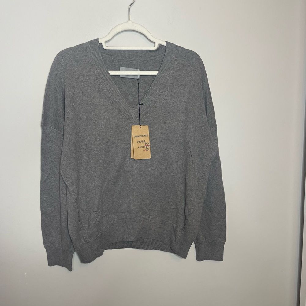 ZADIG & VOLTAIRE Brumy V-Neck Sweater Slub Cotton Gray Size Small - Picture 8 of 12